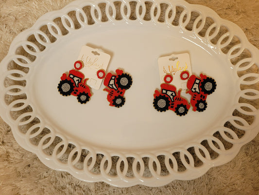 Farm Tractor Earring Red