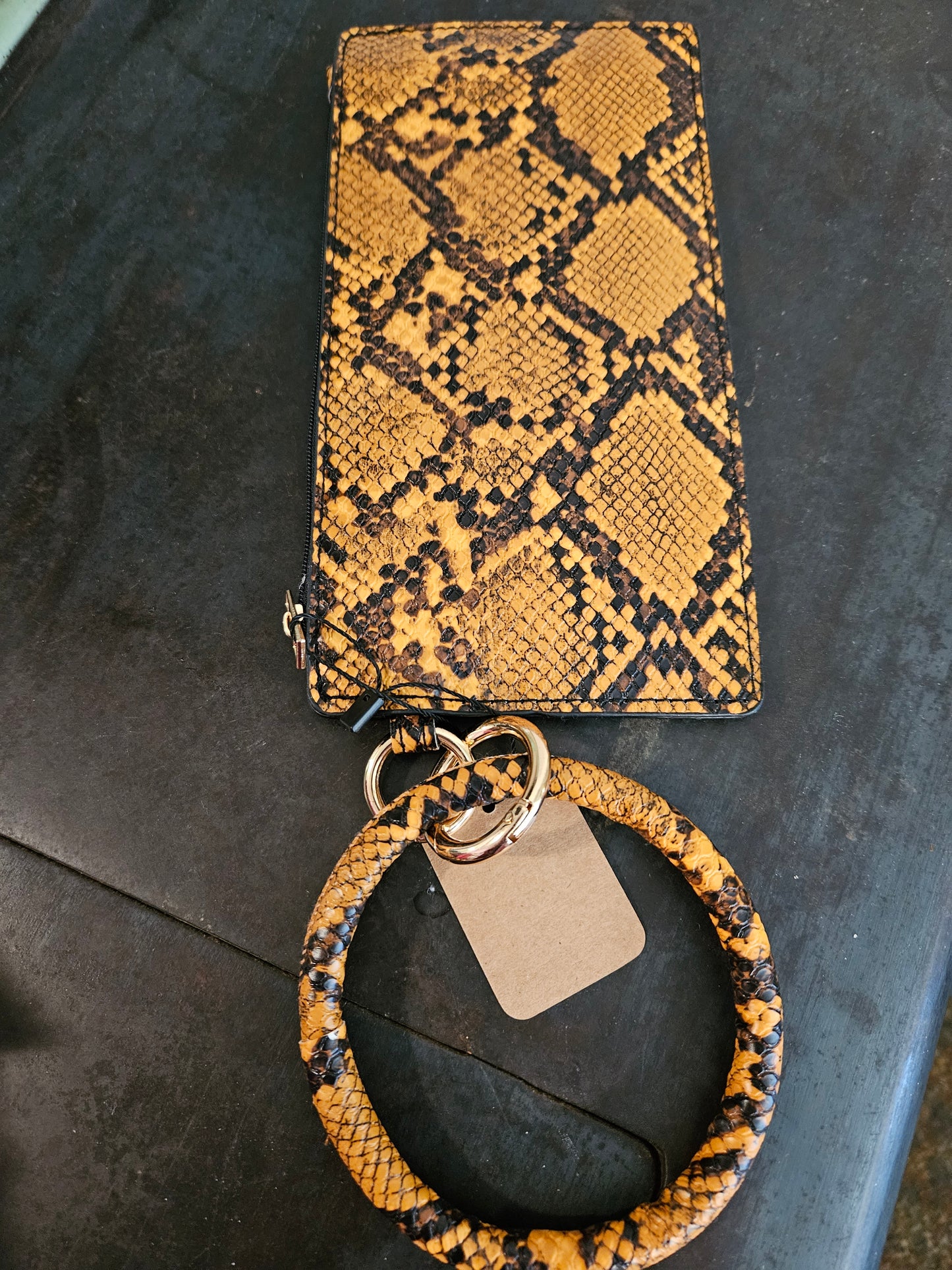 Vegan Leather Mustard Snake Print Key Ring with Wallet