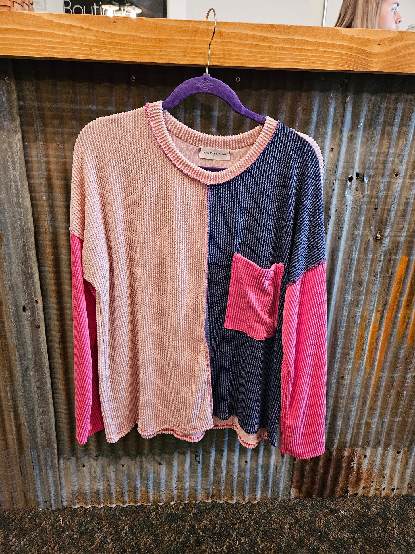 Split Up Color Block Top-Peach/Denim/Fuschia