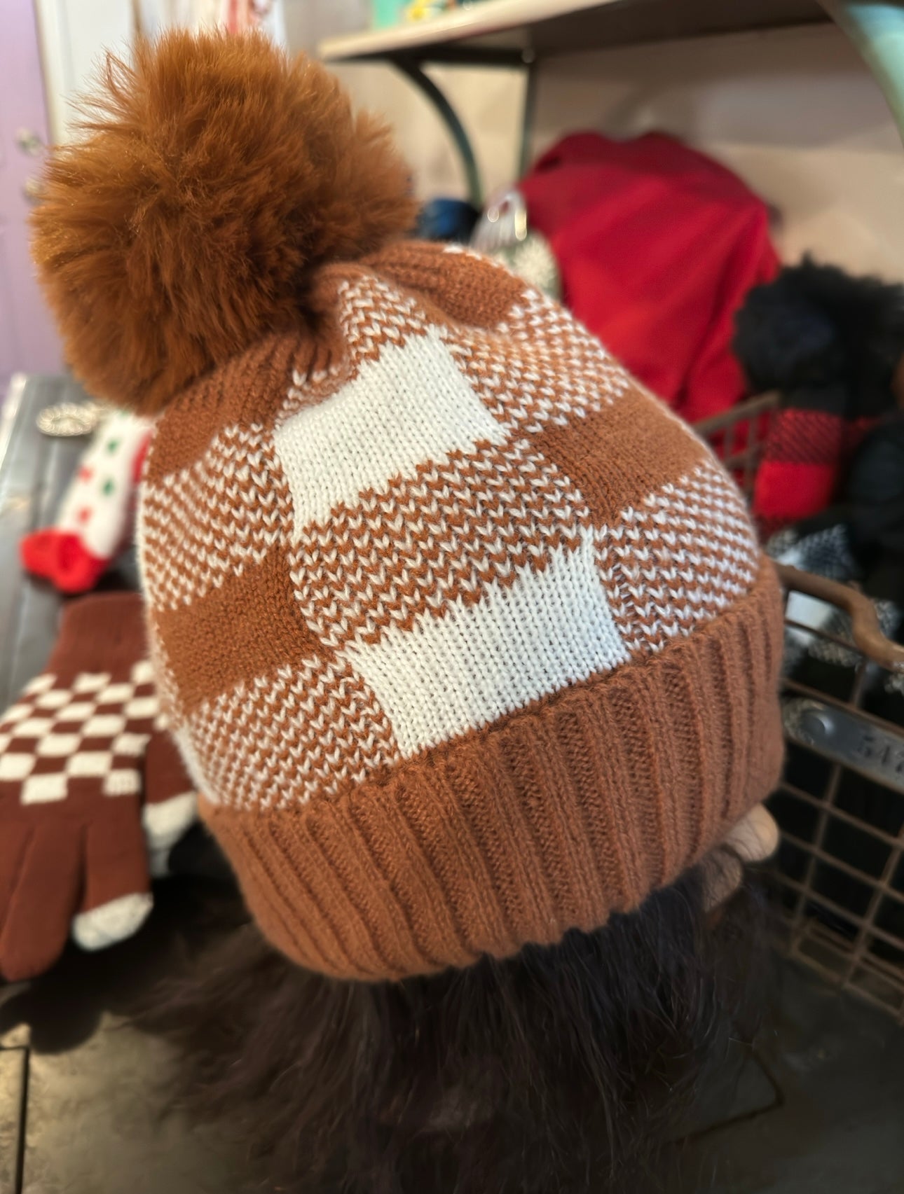 The Perfect Checkered Stocking Hat in Brown/White