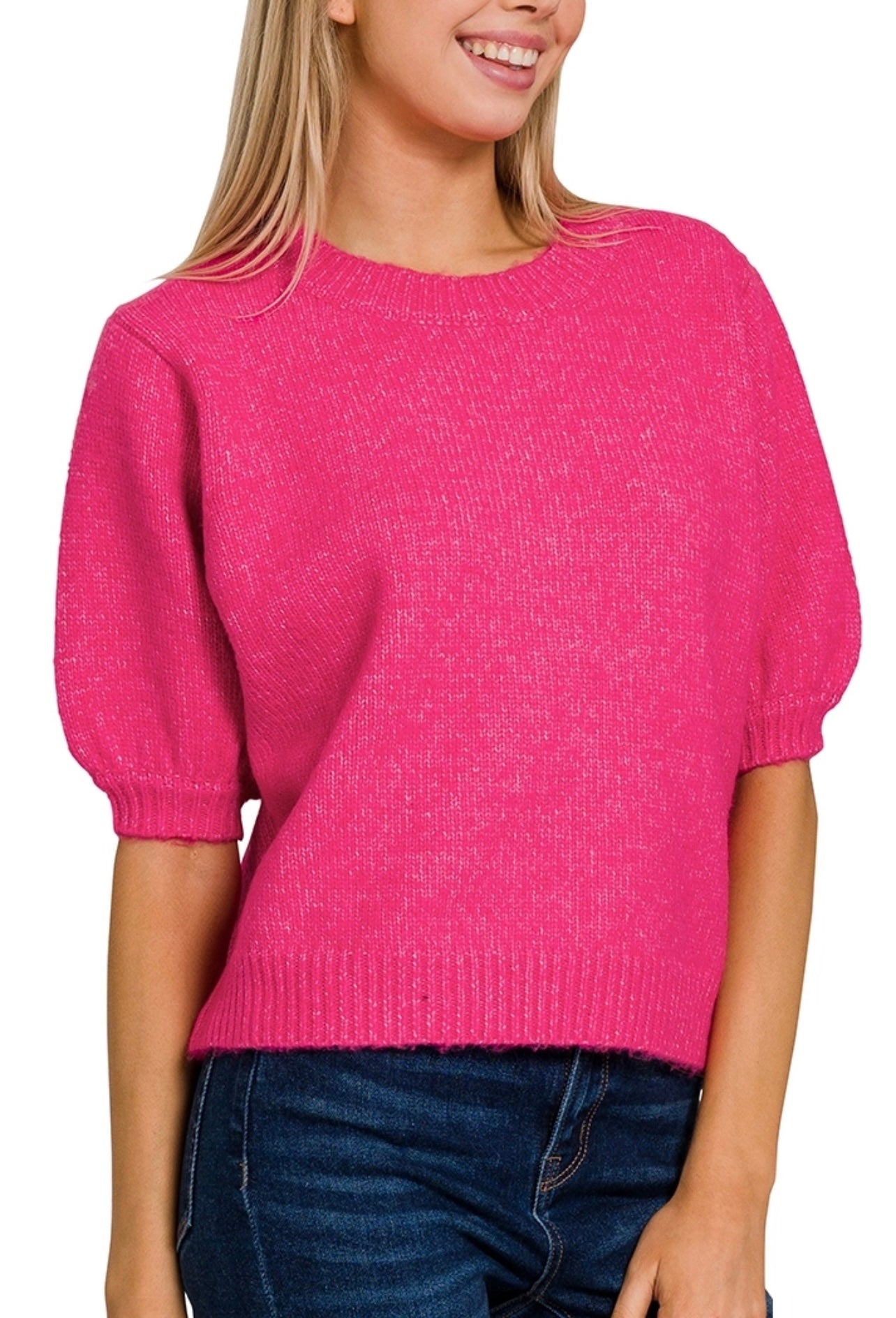 Melange Puff Short Sleeve Round Neck Sweater - Pink