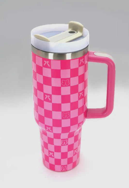 Fuchsia Bow Checker 40oz Stainless Steel Tumbler