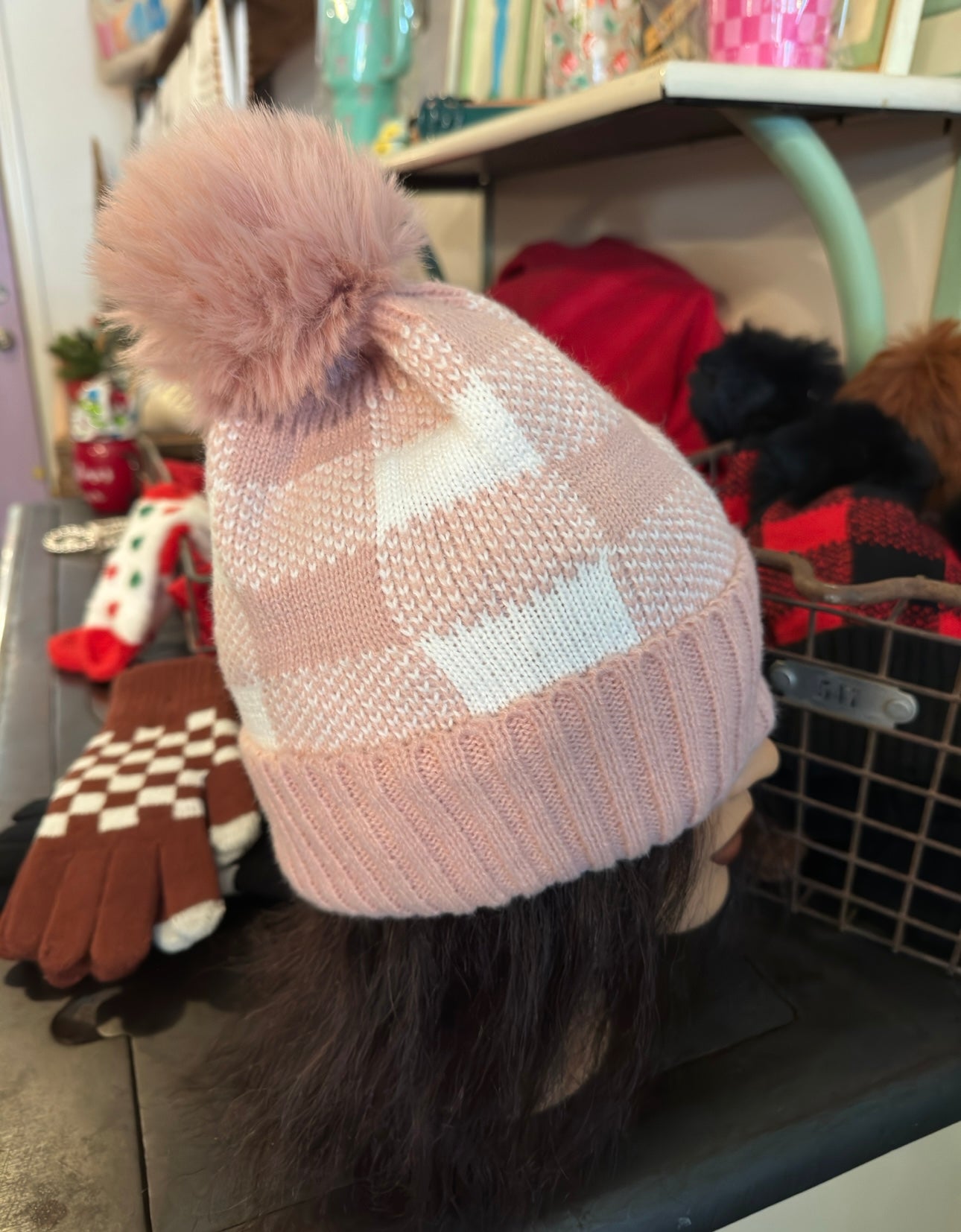 The Perfect Checkered Stocking Hat in Pink/White