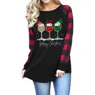 Christmas 3WINE with Hat Print Crew Neck Long Sleeve - Blk