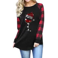 Woman's Christmas Hat Red Wine Glass Long Sleeve Shirt