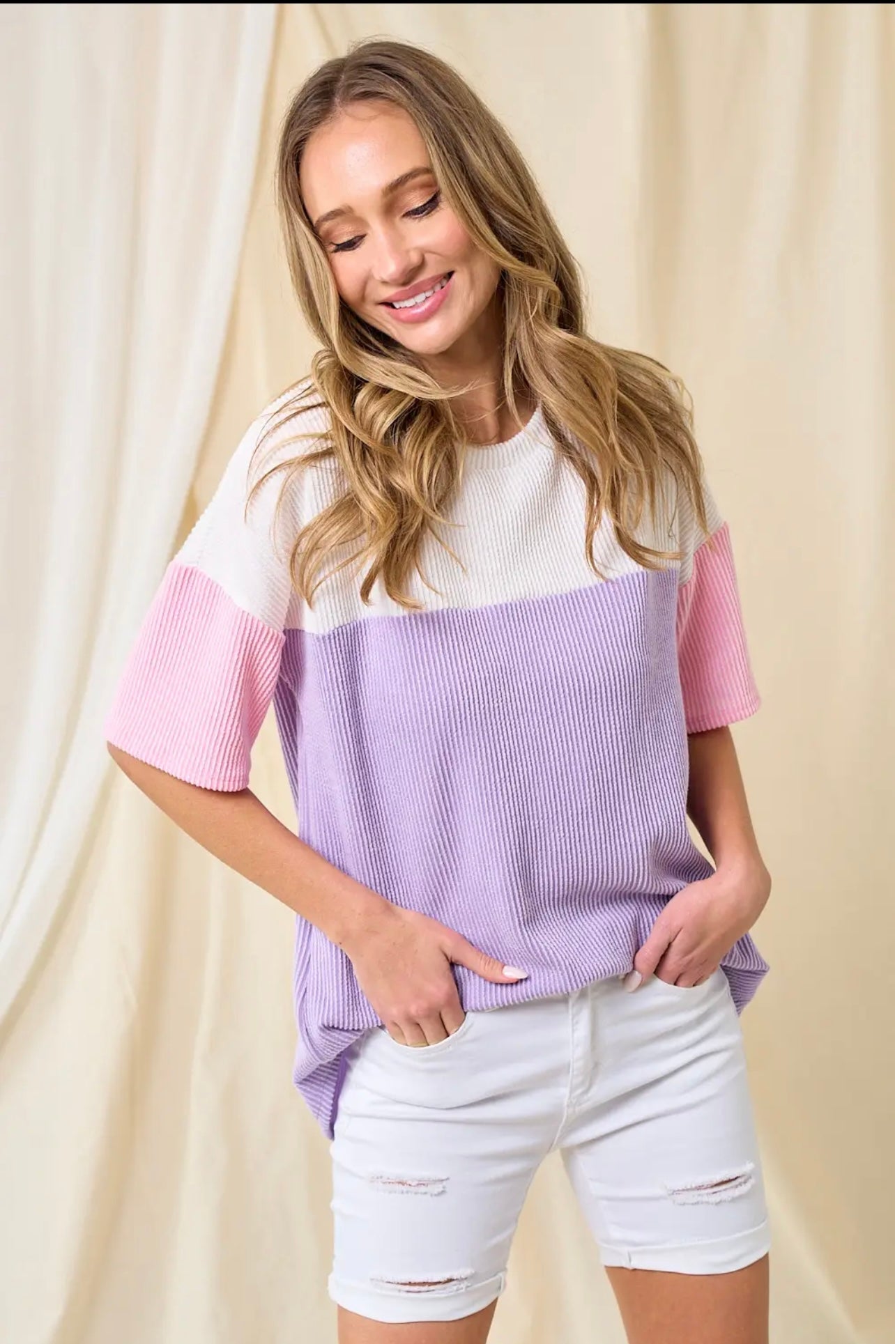 Finally Found You Colorblock Top-White,Purple,Pink